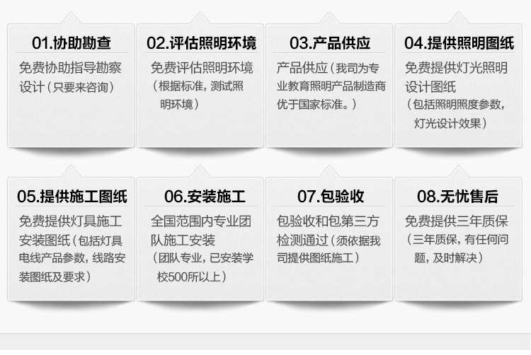 我司提供一站式教育照明解決方案:1、免費(fèi)協(xié)助指導(dǎo)勘察設(shè)計(jì)(只要來咨詢)2、免費(fèi)評估照明環(huán)境(根據(jù)標(biāo)準(zhǔn),測試照明環(huán)境)3、產(chǎn)品供應(yīng)(我司為專業(yè)教育照明產(chǎn)品制造商,優(yōu)于國家標(biāo)準(zhǔn)。)4、免費(fèi)提供燈光照明設(shè)計(jì)圖紙(包括照明照度參數(shù),燈光設(shè)計(jì)效果)5、免費(fèi)提供燈具施工安裝圖紙(包括燈具/電線產(chǎn)品參數(shù),線路安裝圖紙及要求)6、全國范圍內(nèi)專業(yè)團(tuán)隊(duì)施工安裝(團(tuán)隊(duì)專業(yè),已安裝學(xué)校500所以上)7、包驗(yàn)收和包第三方檢測通過(須依據(jù)我司提供圖紙施工)8、免費(fèi)提供三年質(zhì)保(三年質(zhì)保,有任何問題,及時(shí)解決)